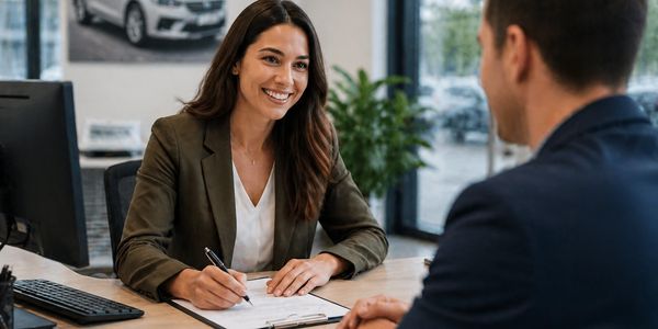 A woman in a business suit smiles while discussing with a man at an office desk.