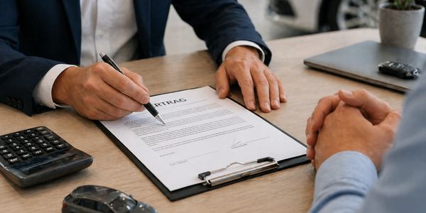 Two people reviewing and signing a contract at a desk.