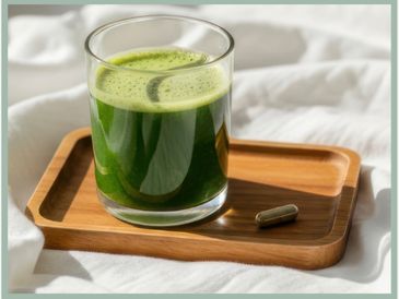 Glass of green juice with a capsule on wooden tray.