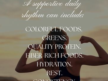 Supportive daily rhythm tips listed over a person flexing at sunset.