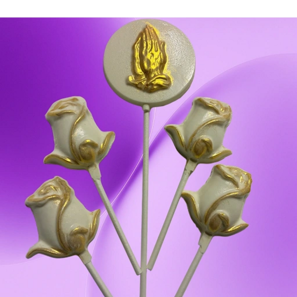 Rose-shaped pops with golden prayer hands