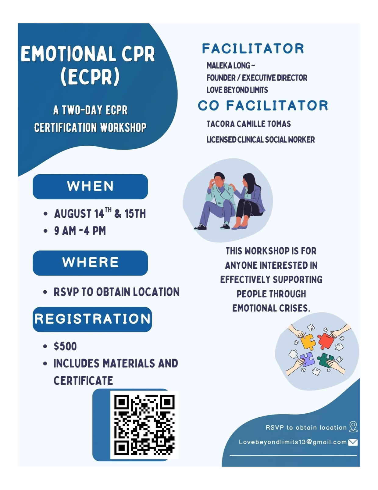 Flyer for Emotional CPR; Two-day Certification Workshop with Facilitator Maleka Long Aug 14 & 15 9-4