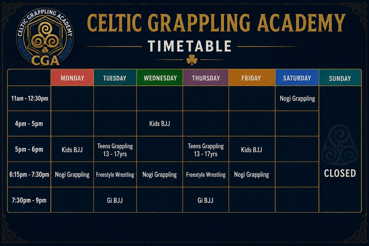 Celtic Grappling Academy weekly timetable for various grappling classes.