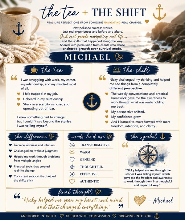 A testimonial infographic by Michael about navigating real life changes with guidance and reflection.