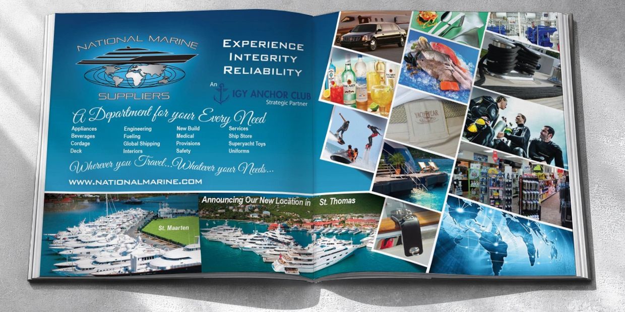 National Marine Suppliers ad showcasing marine services, products, and new location in St. Thomas.