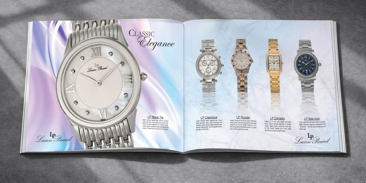 Open watch catalog showcasing elegant Lucien Piccard wristwatches.