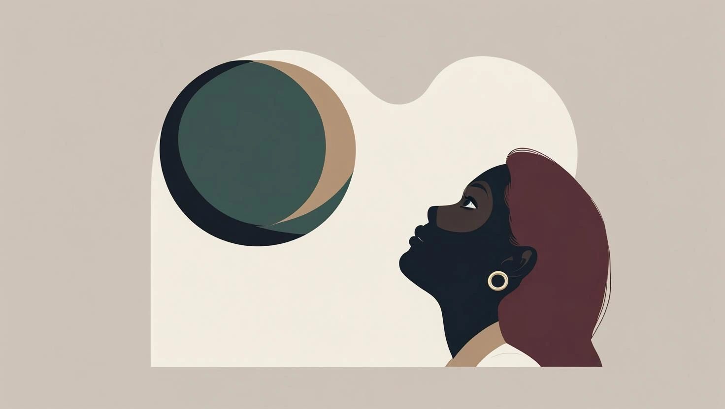 Stylized profile of a woman gazing at an abstract circle, minimalist design.