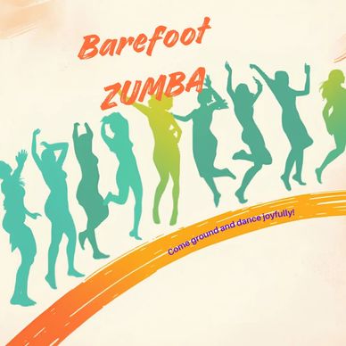 Colorful flyer for Barefoot Zumba with dancing silhouettes and joyful text.