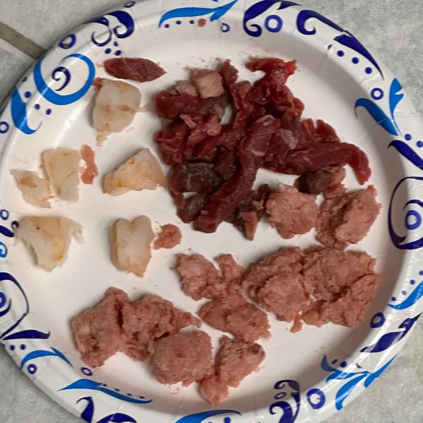A paper plate with different cuts of raw meat and seafood pieces.