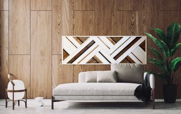 Modern Wood Wall Art in a modernliving room. Wood and white design.