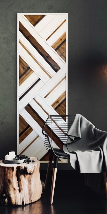 Modern handmade wood mosaic art. Wood tones and white in a modern angled design.
