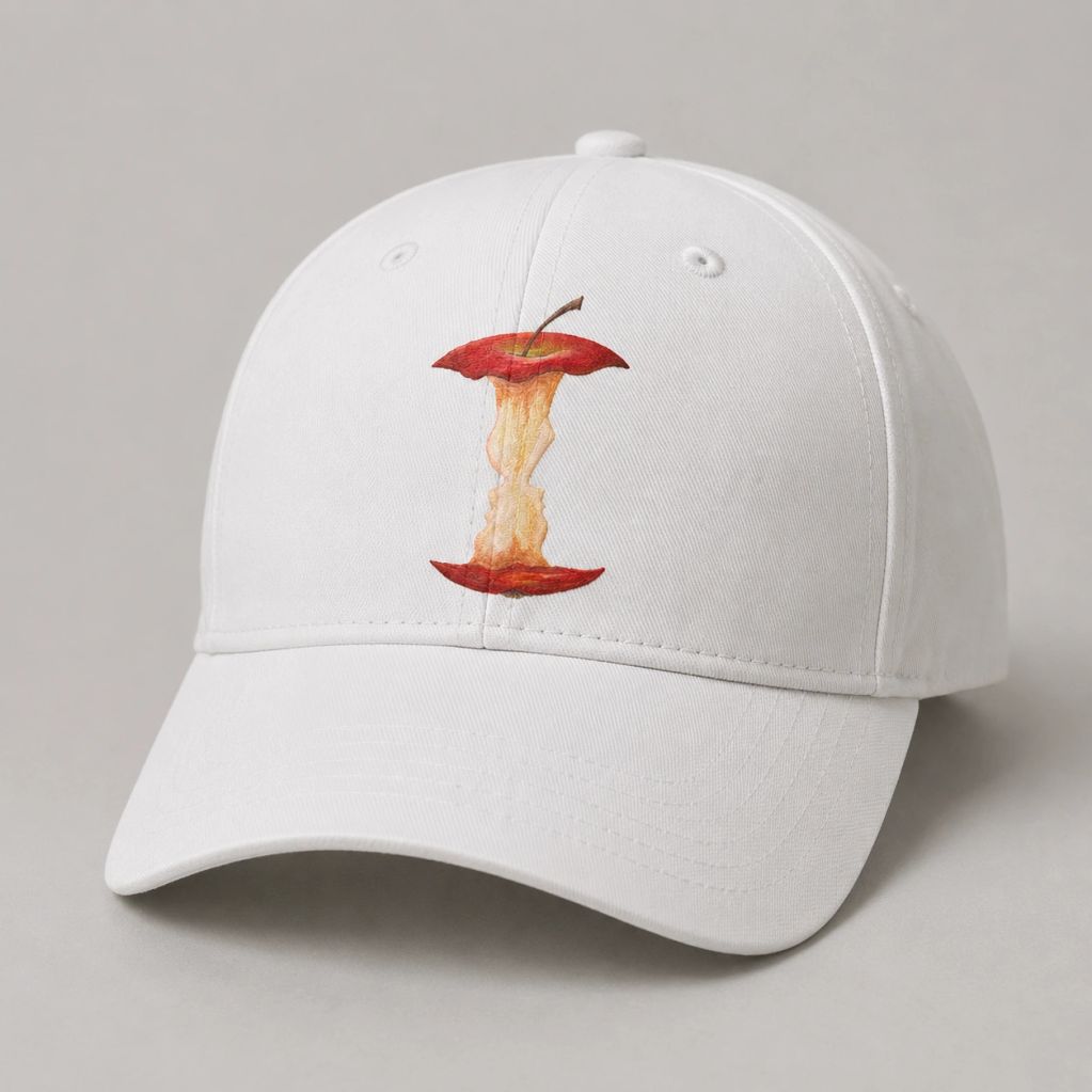 White cap with an apple core design.