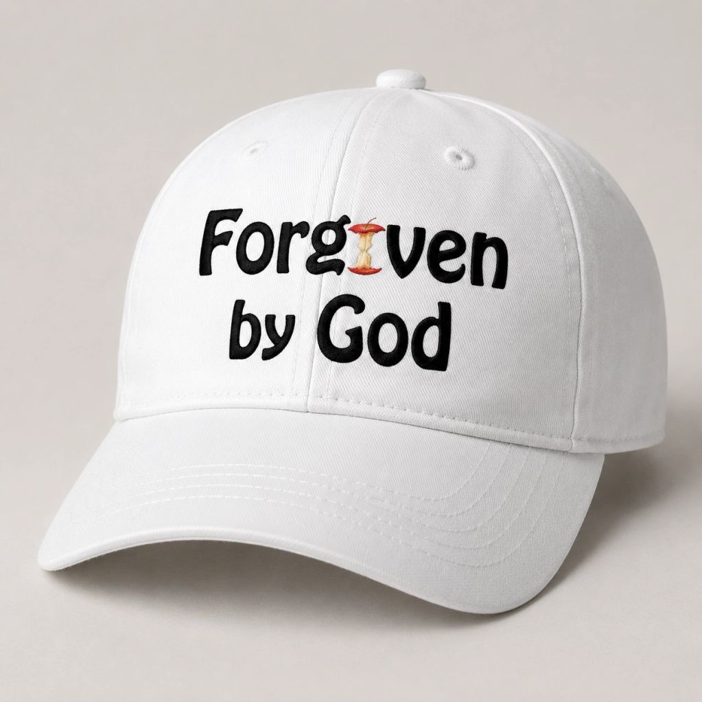 White cap with "Forgiven by God" text.