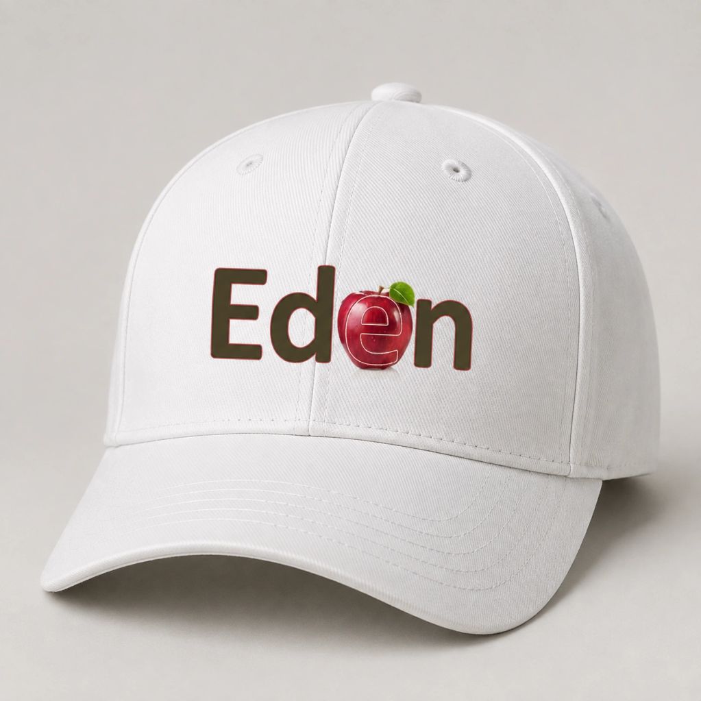 White cap with 'Eden' and apple design.