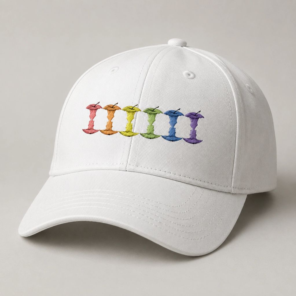 White cap with colorful embroidered dinosaurs.