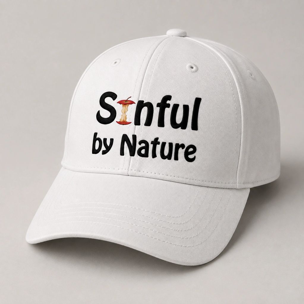 White cap with 'Sinful by Nature' text design.