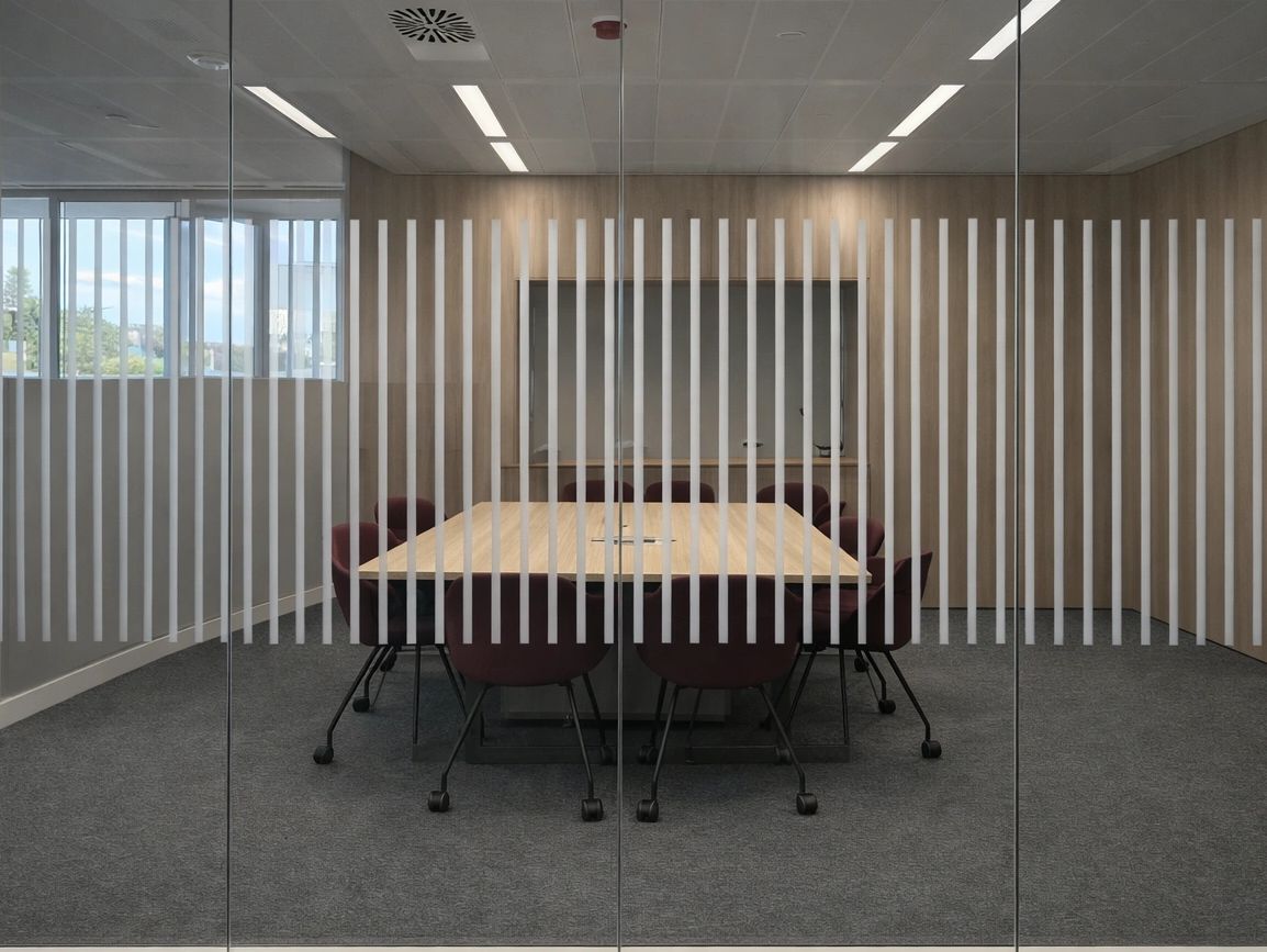 Vinilo decorativo en mampara de oficina con diseño corporativo en Madrid