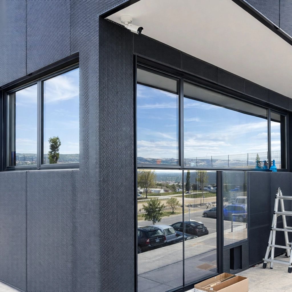 Instalación de láminas de control solar en fachada acristalada de oficina en Madrid.