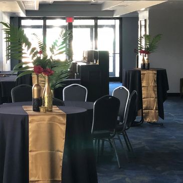 Ballroom prefunction area set for a formal wedding 