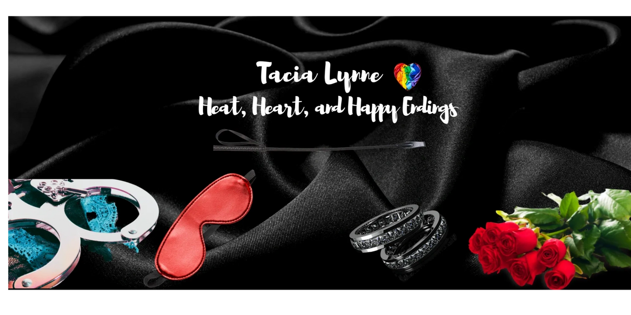 Text: Tacia Lynne with rainbow 3d heart.
Heat, Heart, and Happy Endings
Silver handcuffs sit on a bl