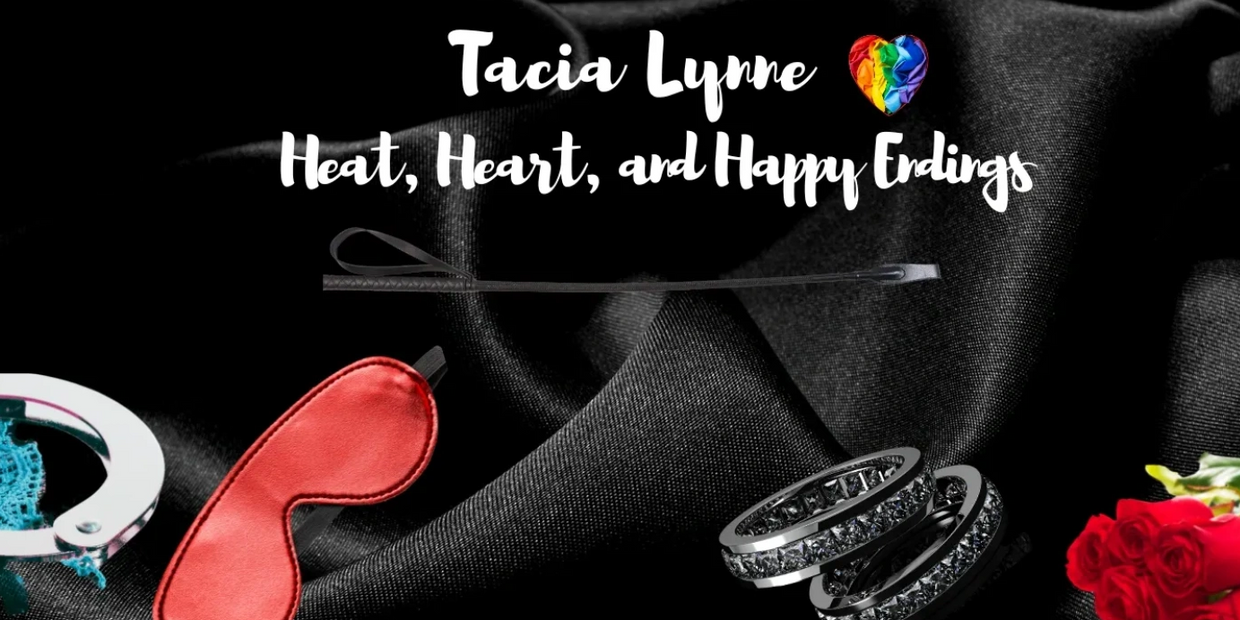 Text: Tacia Lynne with rainbow 3d heart.
Heat, Heart, and Happy Endings
Silver handcuffs sit on a bl