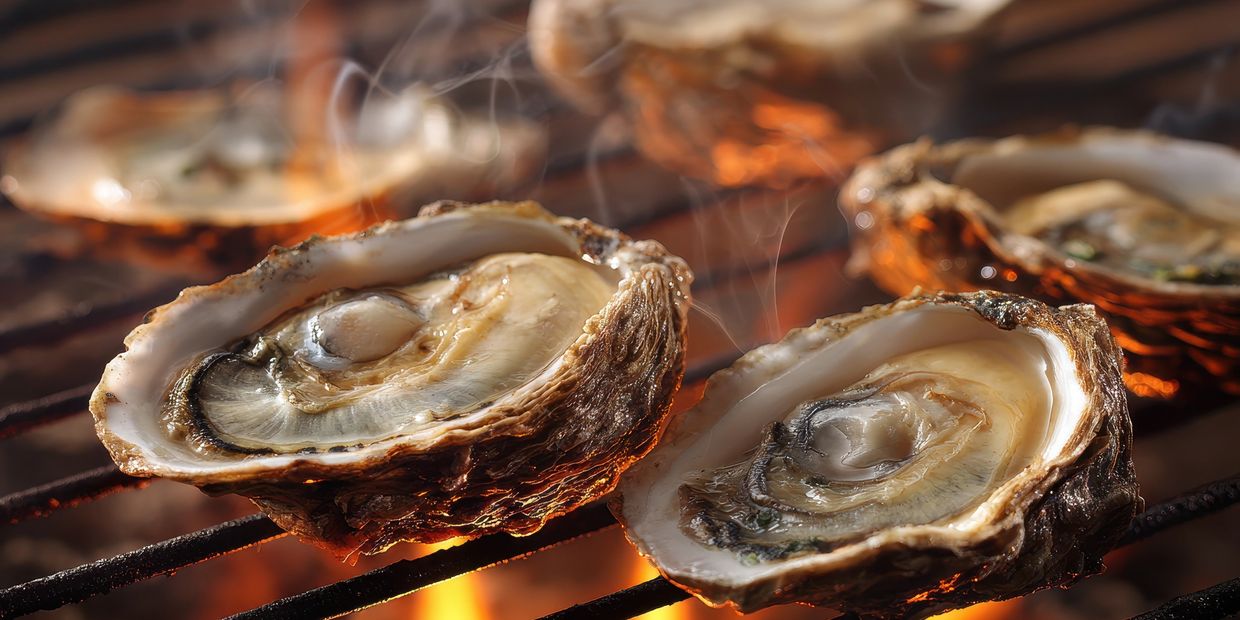 Close up of two oyster roasting on a open grill.