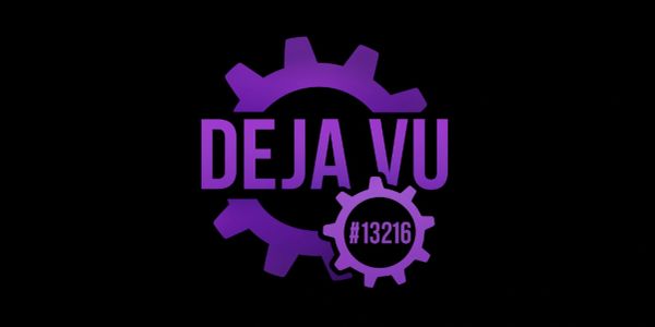 Purple Deja Vu logo on black background.
