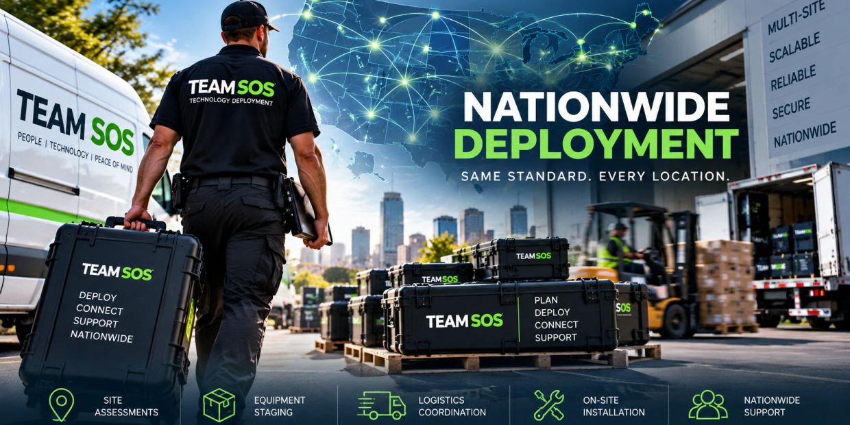 Team SOS technician with equipment cases for nationwide deployment.