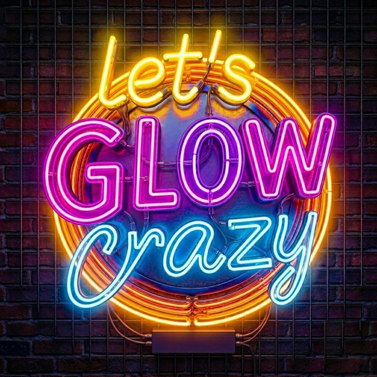 Bright neon sign saying 'Let's Glow Crazy' against a brick wall.