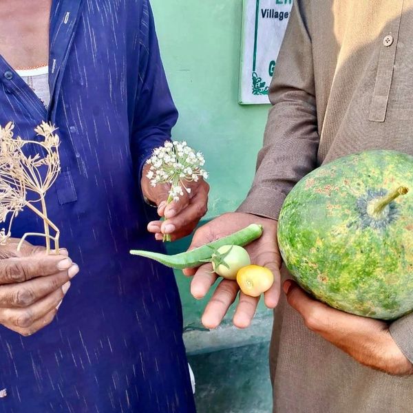 Two people holding vegetables and flowers.