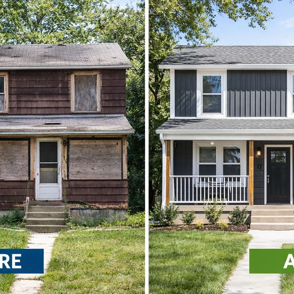 Side-by-side comparison of a house before and after renovation.