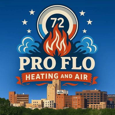 Logo of Pro Flo Heating and Air over a city skyline under a clear blue sky.