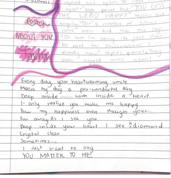 A heartfelt poem penned by a beloved fifth grader, dedicated to one of our esteemed teachers.