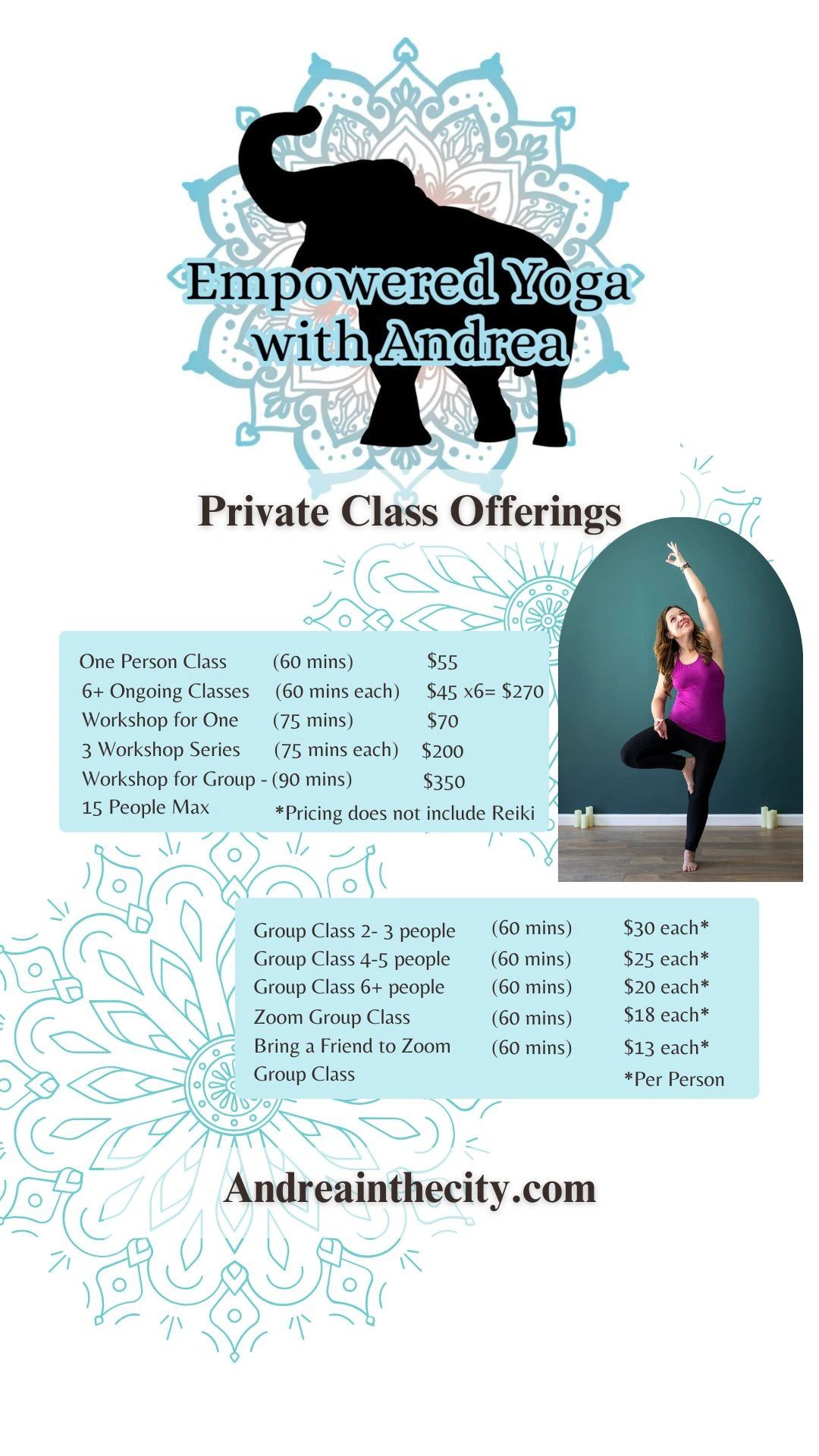 Yoga class offerings and pricing with a woman in a yoga pose.