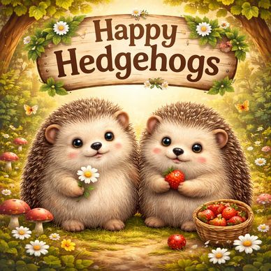 Two adorable hedgehogs holding a flower and strawberry under a Happy Hedgehogs sign.