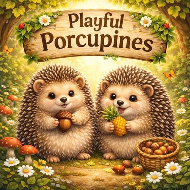 Two adorable porcupines holding fruits under a 'Playful Porcupines' sign.