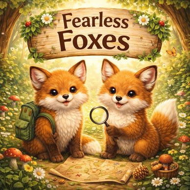 Two cute fox cubs exploring with a map and magnifying glass under a 'Fearless Foxes' sign.