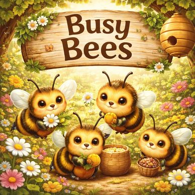Cute bees gather honey and flowers under a wooden sign that says 'Busy Bees'.