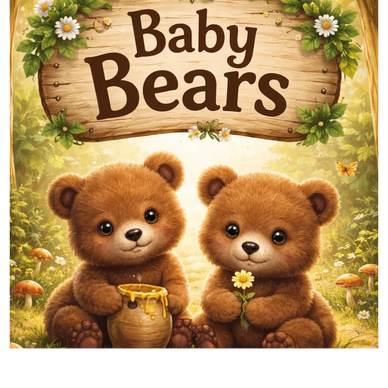 Two adorable baby bears with honey and a flower under a wooden sign.