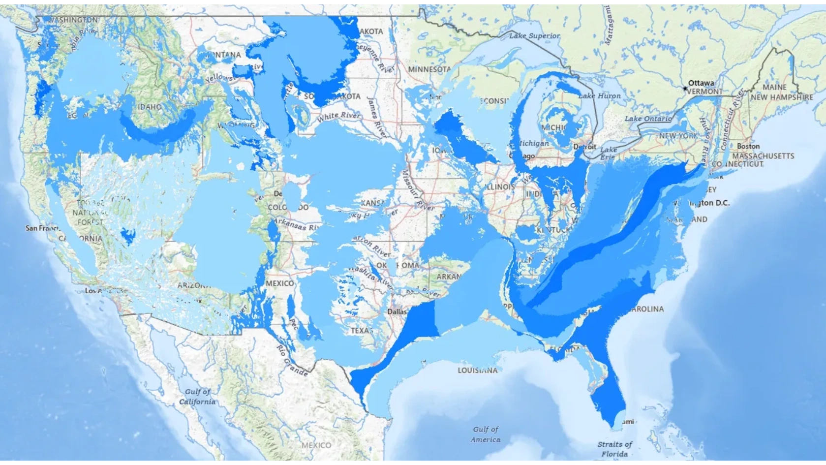 Map showing areas at risk of flooding in North America.