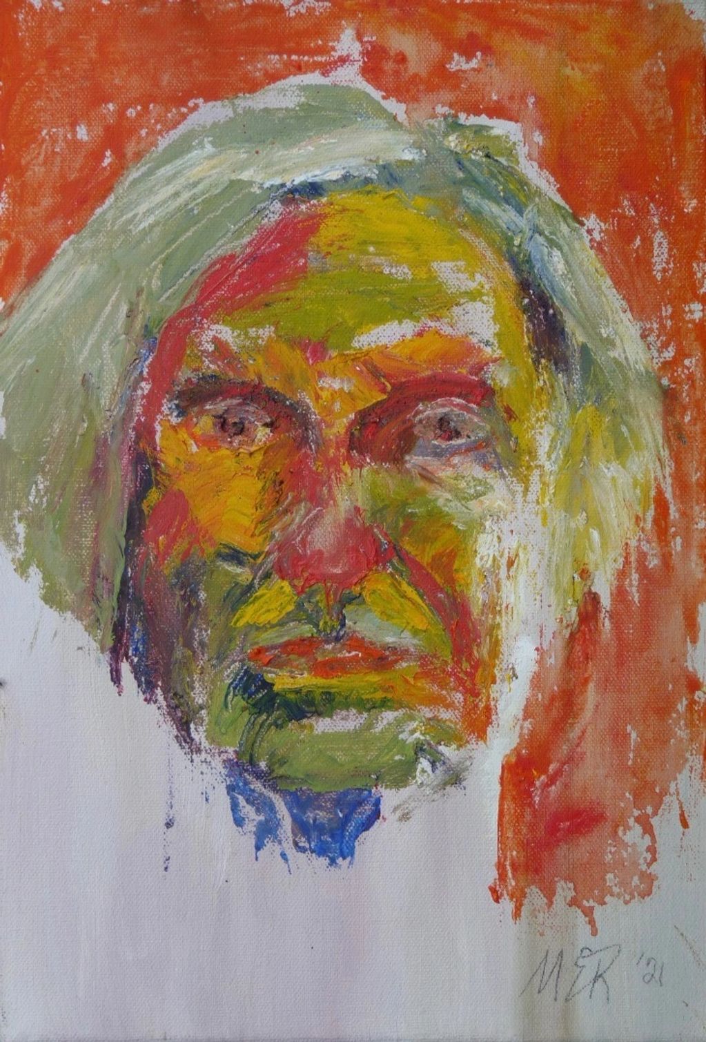 Abstract expressionist portrait with vibrant colors and rough brushstrokes.