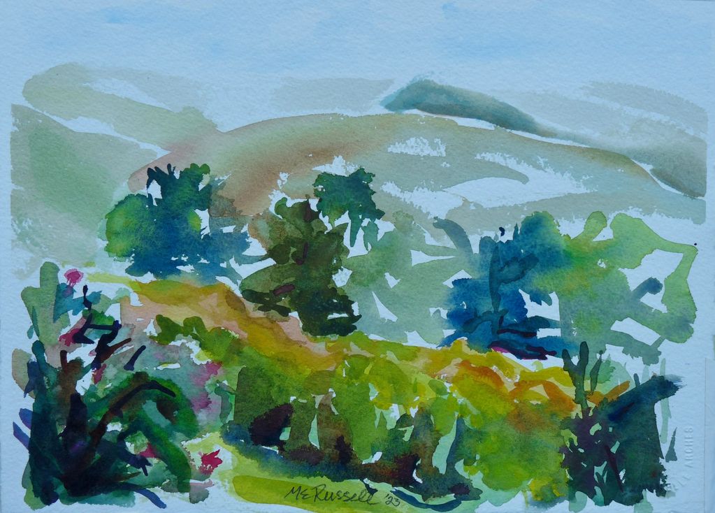 Abstract watercolor painting of a lush green landscape.