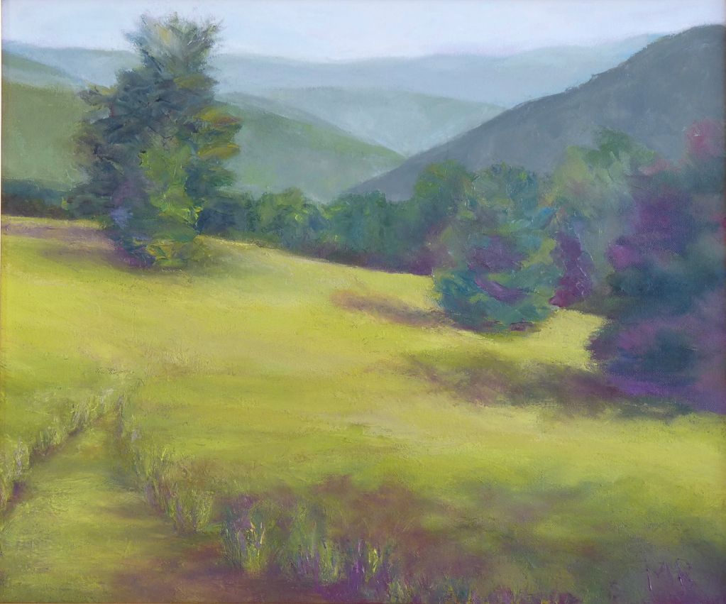 A soft pastel landscape of hills and trees.