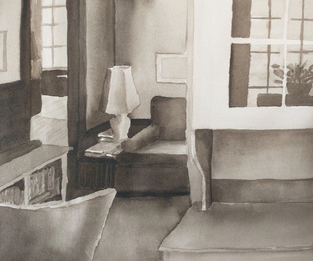 Monochromatic watercolor painting of a living room corner.