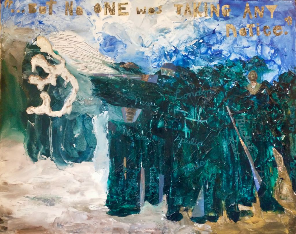 Abstract painting with text and clustered figures.