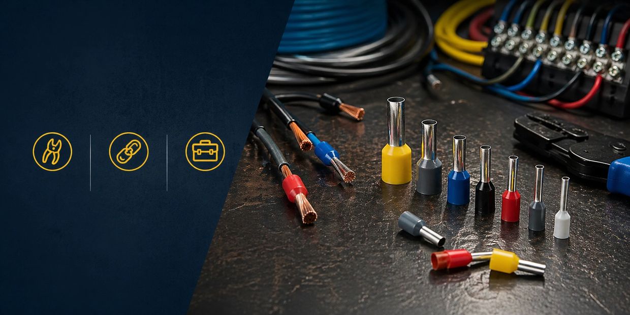 Various electrical wire connectors and tools arranged on a workbench.