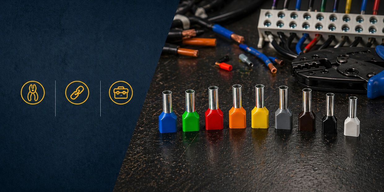 Color-coded electrical wire ferrules and tools on a dark surface.