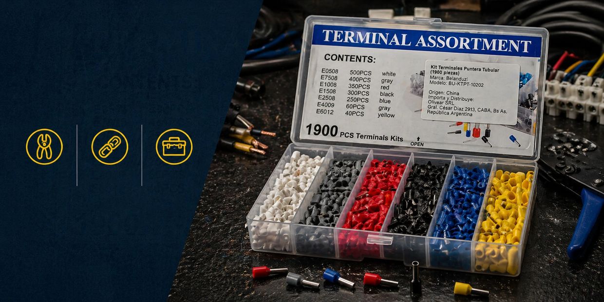 Assorted terminal connectors in a plastic kit box with various colors, placed on a workbench.