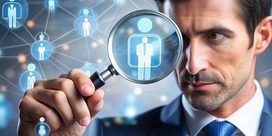 Businessman analyzing network connections with a magnifying glass.