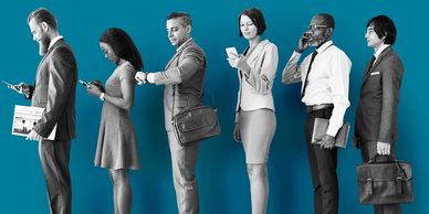 Diverse professionals in line, using digital devices against a blue backdrop.
